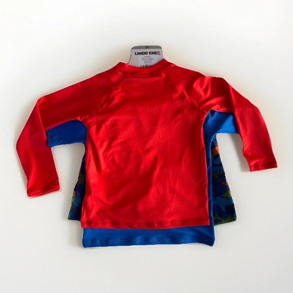 Lands' End 3 Piece Swim Set‎ Rash-Guard Trunks Boy's Size 3T Red Shark Print